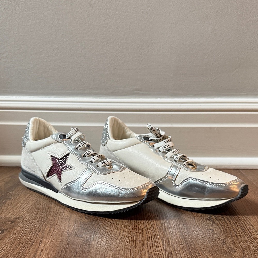 Vintage Havana Cream and Silver Sneakers with Burgundy Star